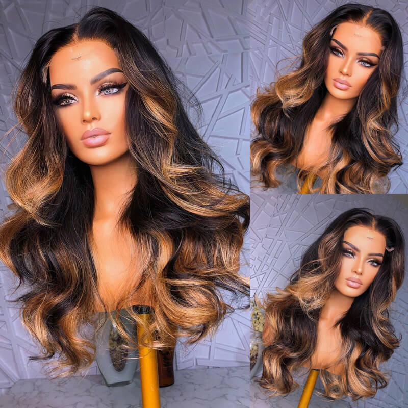 eullair Camel Brown Highlight Wavy Lace Frontal Human Hair Wig Curling Iron Styled Lace Wigs For Black Women