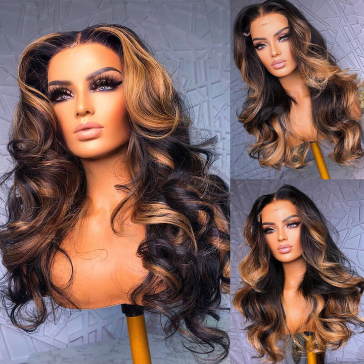 eullair Camel Brown Highlight Wavy Lace Frontal Human Hair Wig Curling Iron Styled Lace Wigs For Black Women