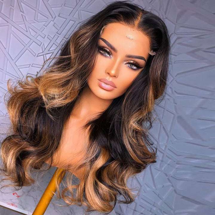 eullair Camel Brown Highlight Wavy Lace Frontal Human Hair Wig Curling Iron Styled Lace Wigs For Black Women