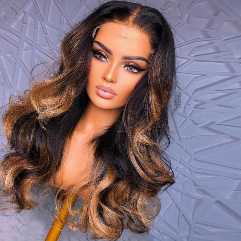 eullair Camel Brown Highlight Wavy Lace Frontal Human Hair Wig Curling Iron Styled Lace Wigs For Black Women