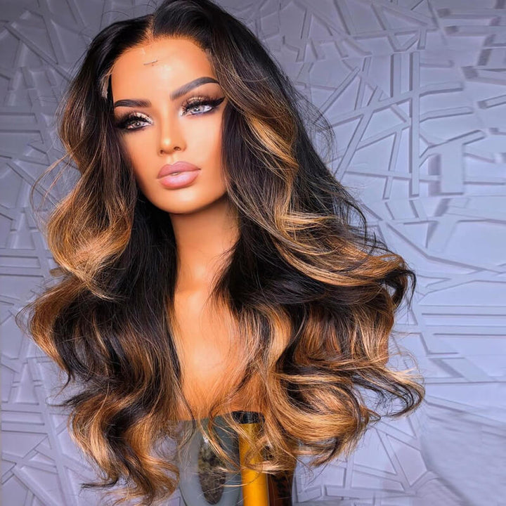 eullair Camel Brown Highlight Wavy Lace Frontal Human Hair Wig Curling Iron Styled Lace Wigs For Black Women