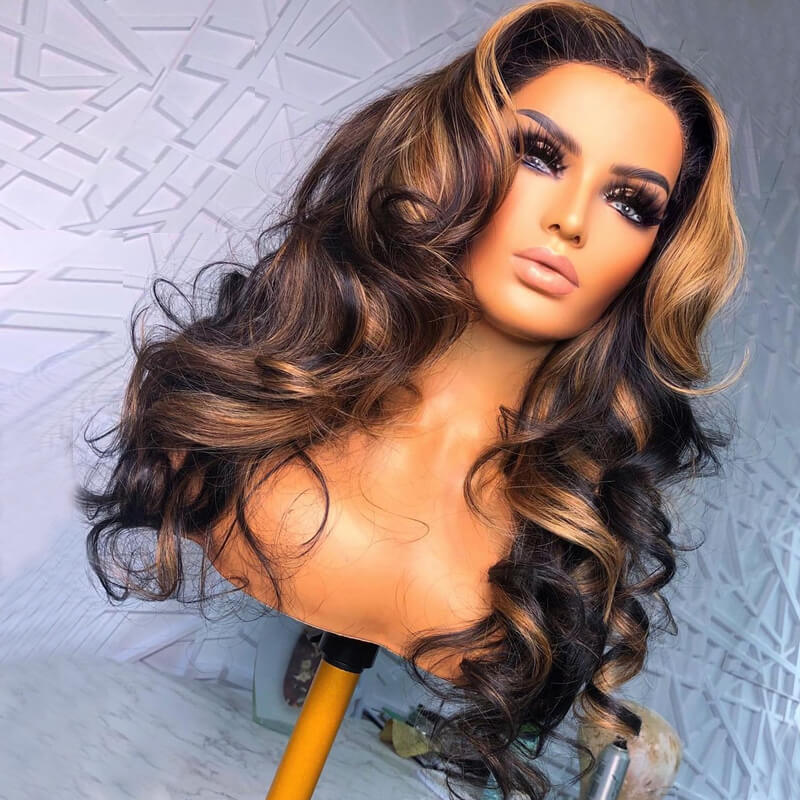 eullair Camel Brown Highlight Wavy Lace Frontal Human Hair Wig Curling Iron Styled Lace Wigs For Black Women