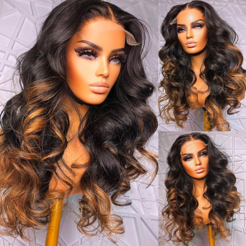 eullair Camel Brown Highlight Wavy Lace Frontal Human Hair Wig Curling Iron Styled Lace Wigs For Black Women