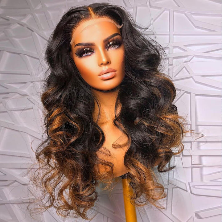 eullair Camel Brown Highlight Wavy Lace Frontal Human Hair Wig Curling Iron Styled Lace Wigs For Black Women