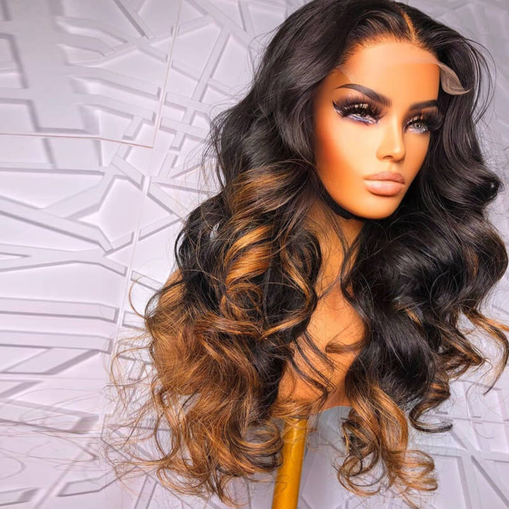 eullair Camel Brown Highlight Wavy Lace Frontal Human Hair Wig Curling Iron Styled Lace Wigs For Black Women