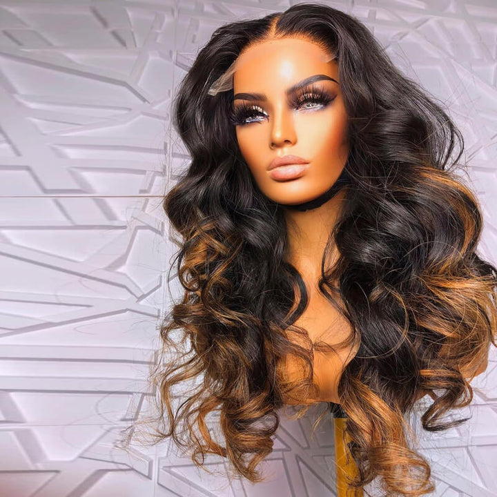 eullair Camel Brown Highlight Wavy Lace Frontal Human Hair Wig Curling Iron Styled Lace Wigs For Black Women