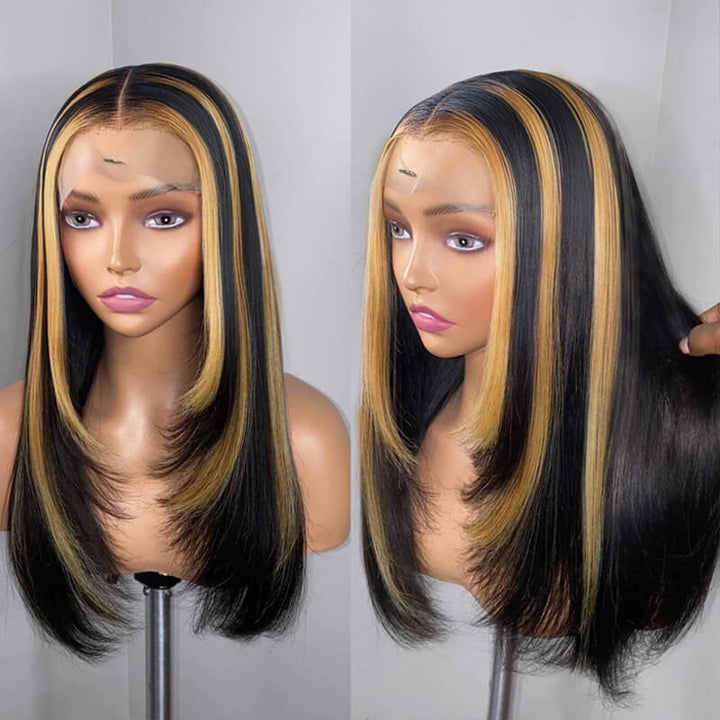 eullair Layerered Cut Honey Blonde Skunk Stripe Pre Cut 4x4 5x5 Lace Closure Highlight Straight Wigs Pre Colored Human Hair Wigs