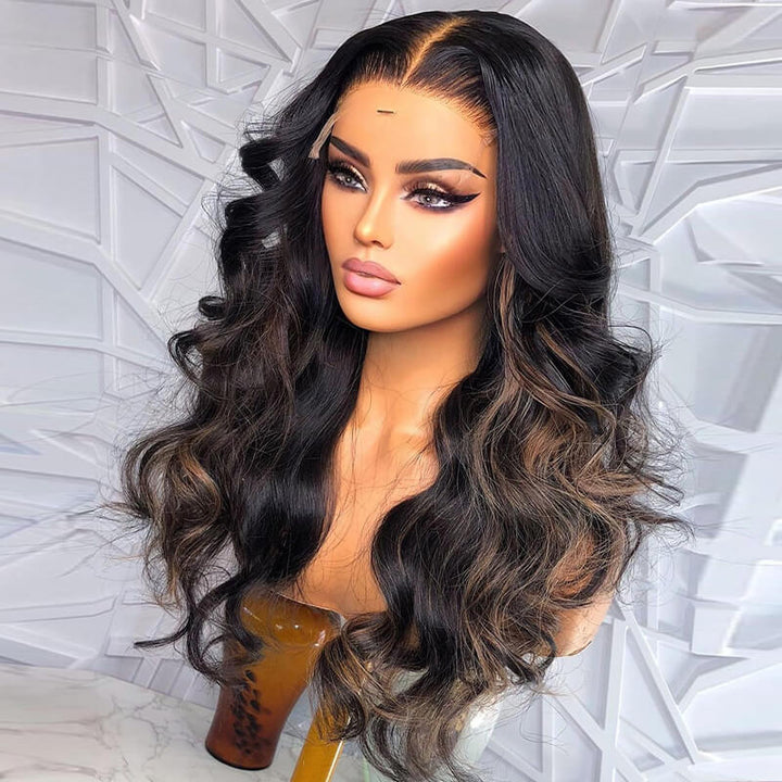 eullair Camel Brown Highlight Wavy Lace Frontal Human Hair Wig Curling Iron Styled Lace Wigs For Black Women