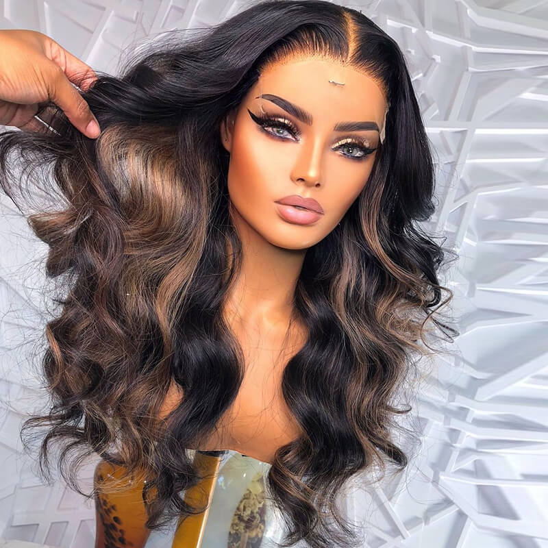 eullair Camel Brown Highlight Wavy Lace Frontal Human Hair Wig Curling Iron Styled Lace Wigs For Black Women