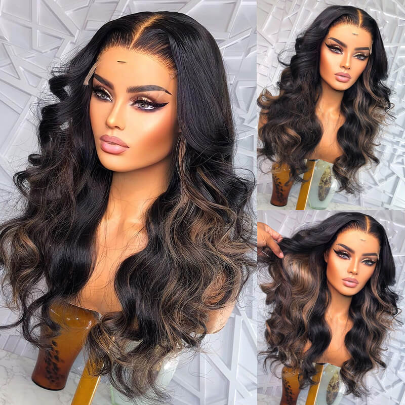 eullair Camel Brown Highlight Wavy Lace Frontal Human Hair Wig Curling Iron Styled Lace Wigs For Black Women
