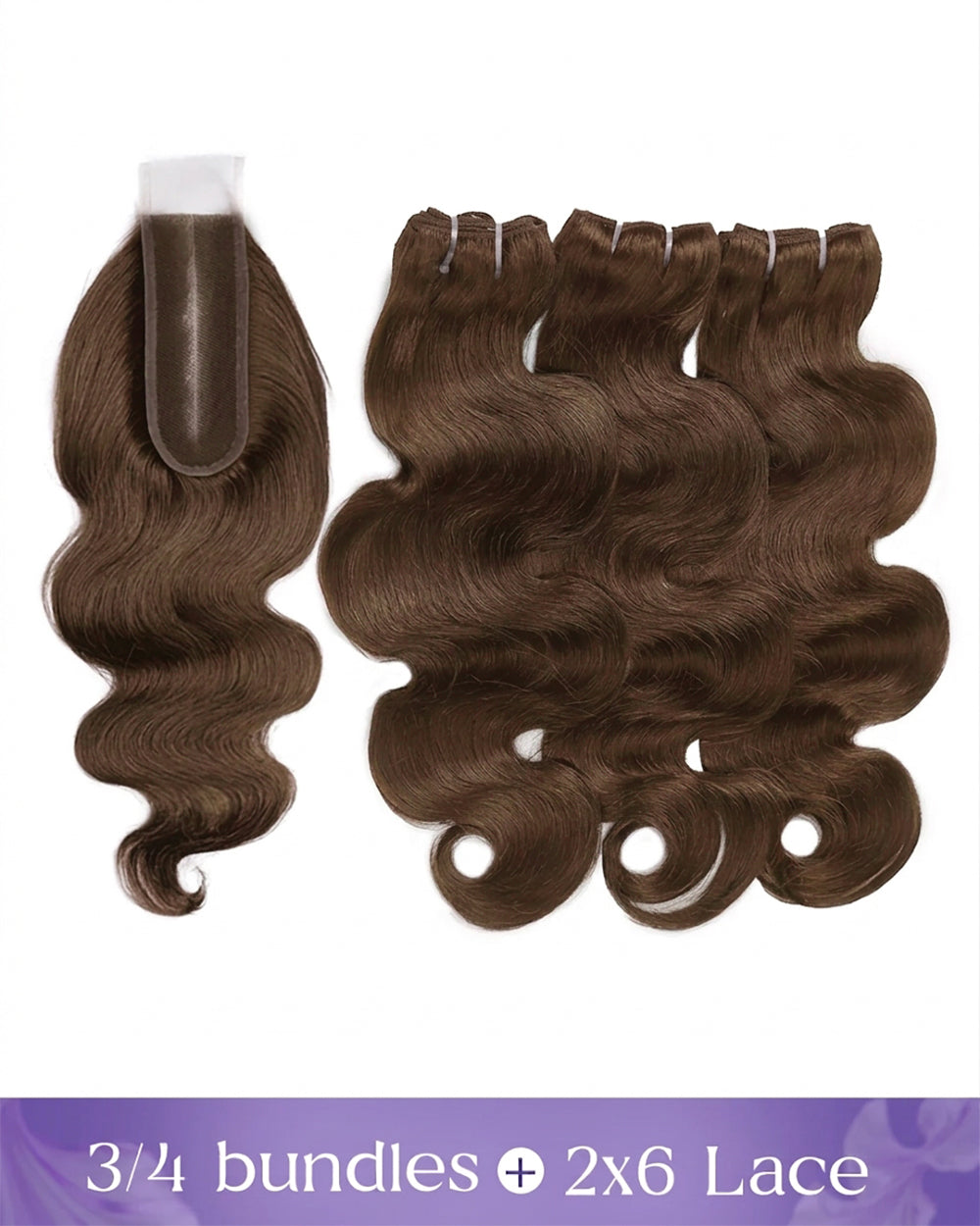 eullair Body Wave #4 Brown Color Raw Hair 3 Bundles with 2x6 Closure 100% Human Hair Bundles