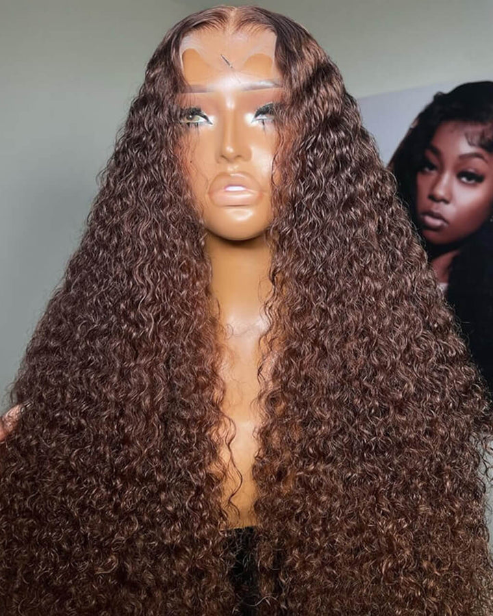 eullair Dark Brown Curly Lace Frontal Wig Affordable Reddish Brown Glueless Human Hair Wig