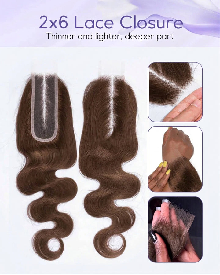 eullair Body Wave #4 Brown Color Raw Hair 3 Bundles with 2x6 Closure 100% Human Hair Bundles