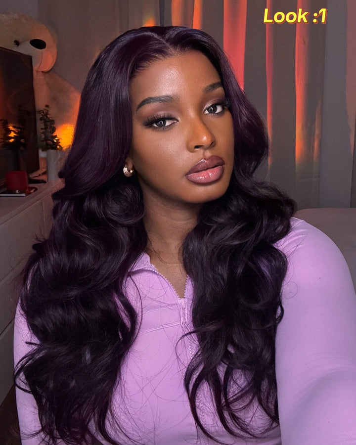 eullair Gluelesss Dark Purple Plum Color Straight Human Hair Wig Body Wave Lace Frontal Wigs For Women