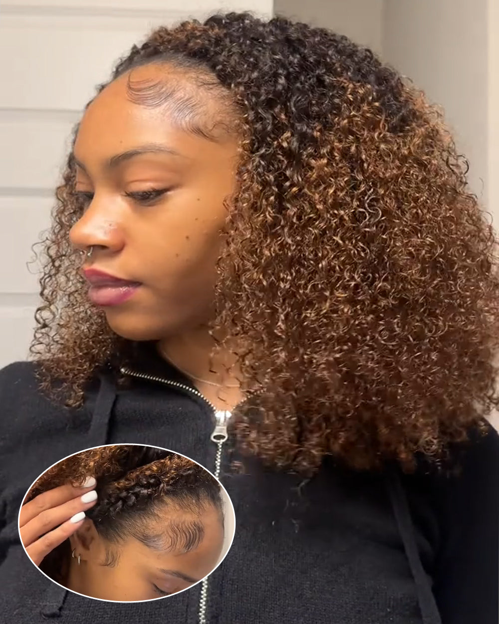 eullair T1B/4 Chocolate Ombre Brown Curly Bob Wig Kinky Texture Soft Fluffy Human Hair Wig