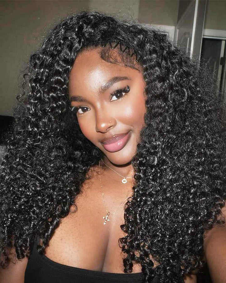 eullair No Leave Out Glueless Burmese Curly Human Hair Wig Install V Part Wig With Elastic Drawstring Beginner Friendly