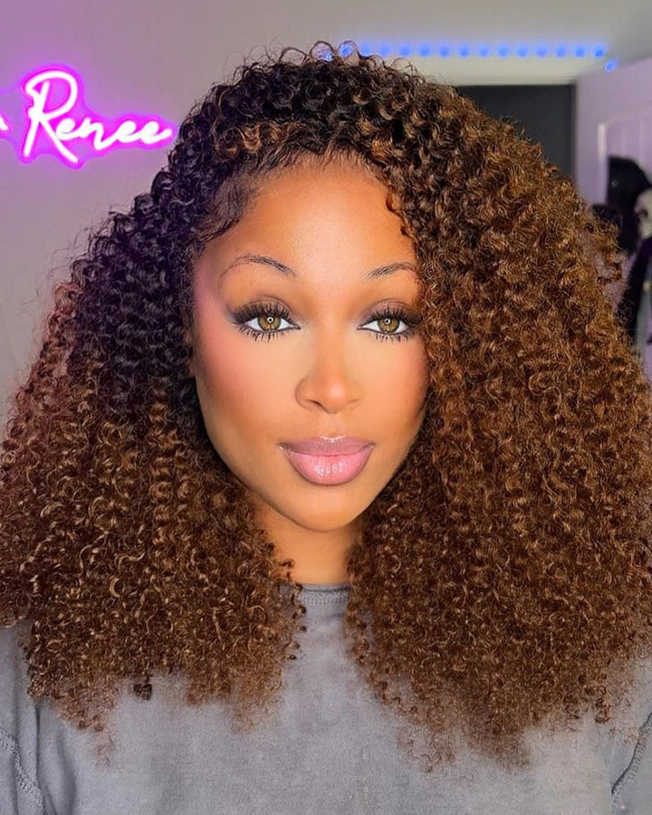 eullair T1B/4 Chocolate Ombre Brown Curly Bob Wig Kinky Texture Soft Fluffy Human Hair Wig