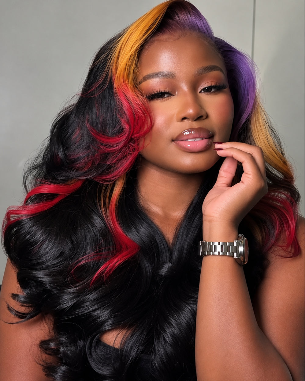 eullair Multi Colored 1B Wavy with Red Purple Ginger Highlight Body Wave Lace Frontal Wigs Pre Plucked Hairline