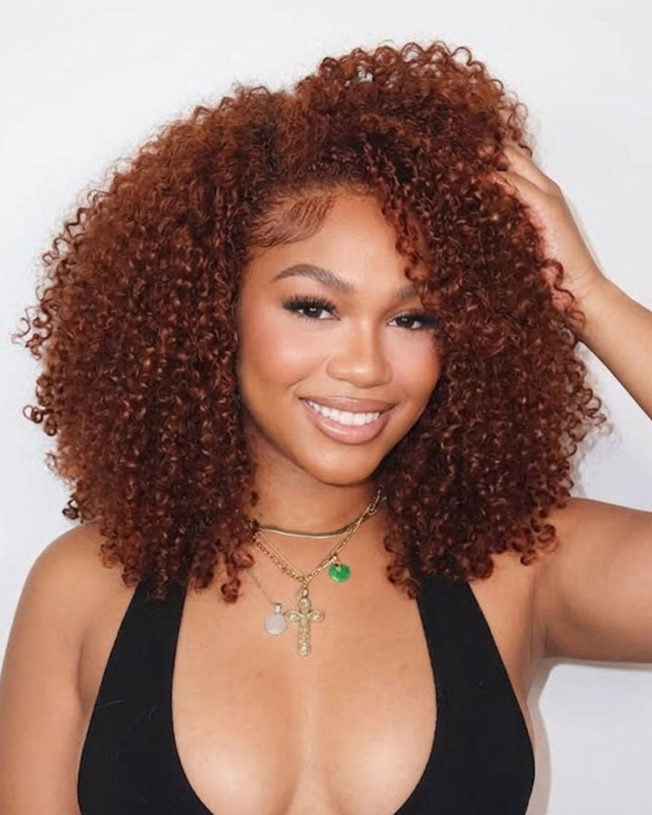 eullair 3 IN 1 Half Wig Reddish Brown Burmese Curly Wig Curly Texture Soft Fluffy Human Hair Wig