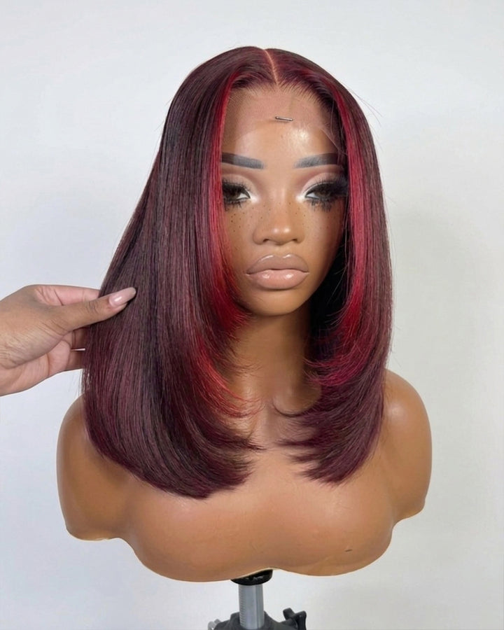 eullair Highlight Dark 99J  Burgundy Bob Wig Soft Layered 2x6 Lace Frontal Glueless Wig