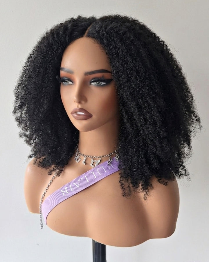 eullair 4B-4C Afro Kinky Curly No Leave Out No Gel V Part Wig With Elastic Drawstring Human Hair Wig Beginner Friendly