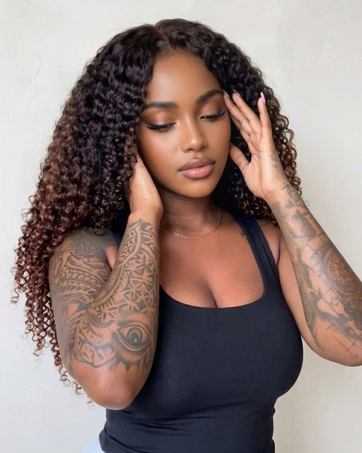eullair Ombre T1B/#4 Chocolate Brown 13x4 Lace Wig Burmese Curly with Spril Ends Long and Bouncy Wigs250% Density