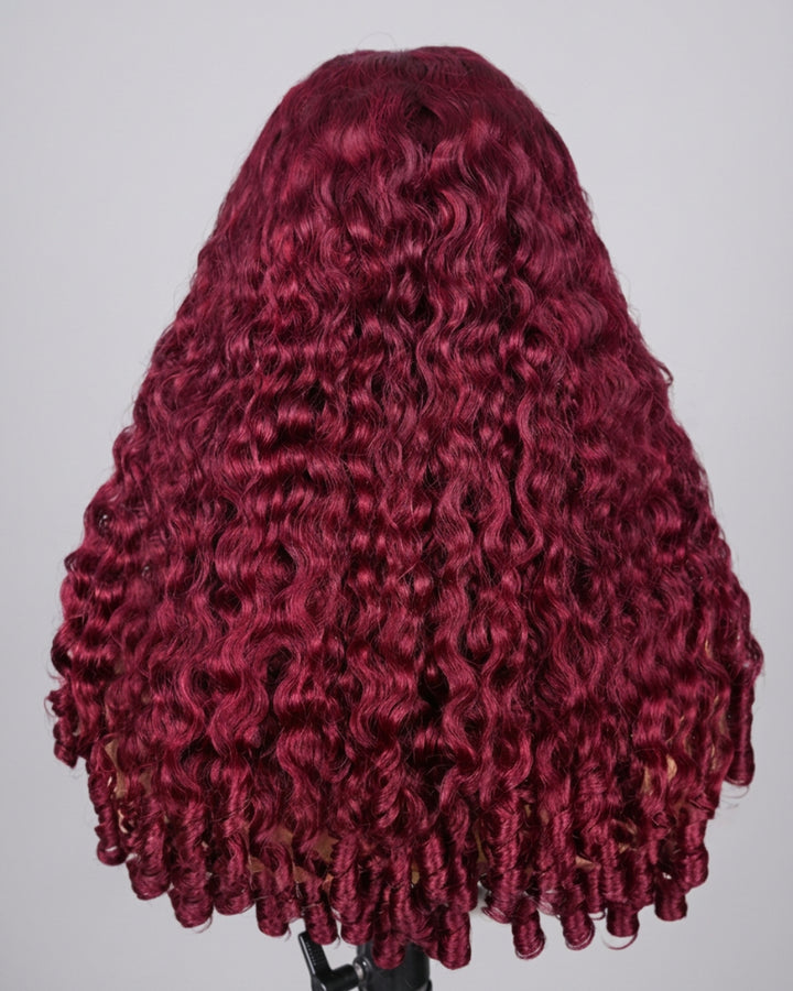 eullair 99J Burgundy Red Burmese Curly Super Double Drawn Wigs 13x6 6X4 13X4 Glueless Wigs 250% Density Drawstring Wig