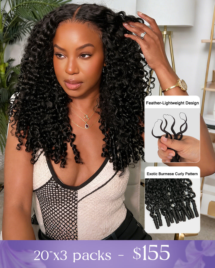 eullair Burmese Curly Hair - Lightweight 100% Human Hair Crochet Extensions