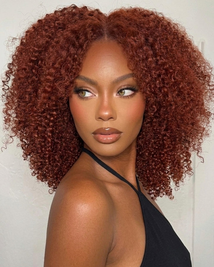 eullair #33 Reddish Brown Burmese Curly V Part Human Hair Wig | No Leave Out
