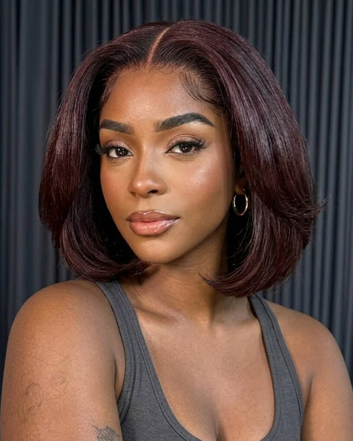 eullair Cherry Burgundy Bob Wig Soft Layered 13x4 Lace Frontal Glueless Wig 10 inch