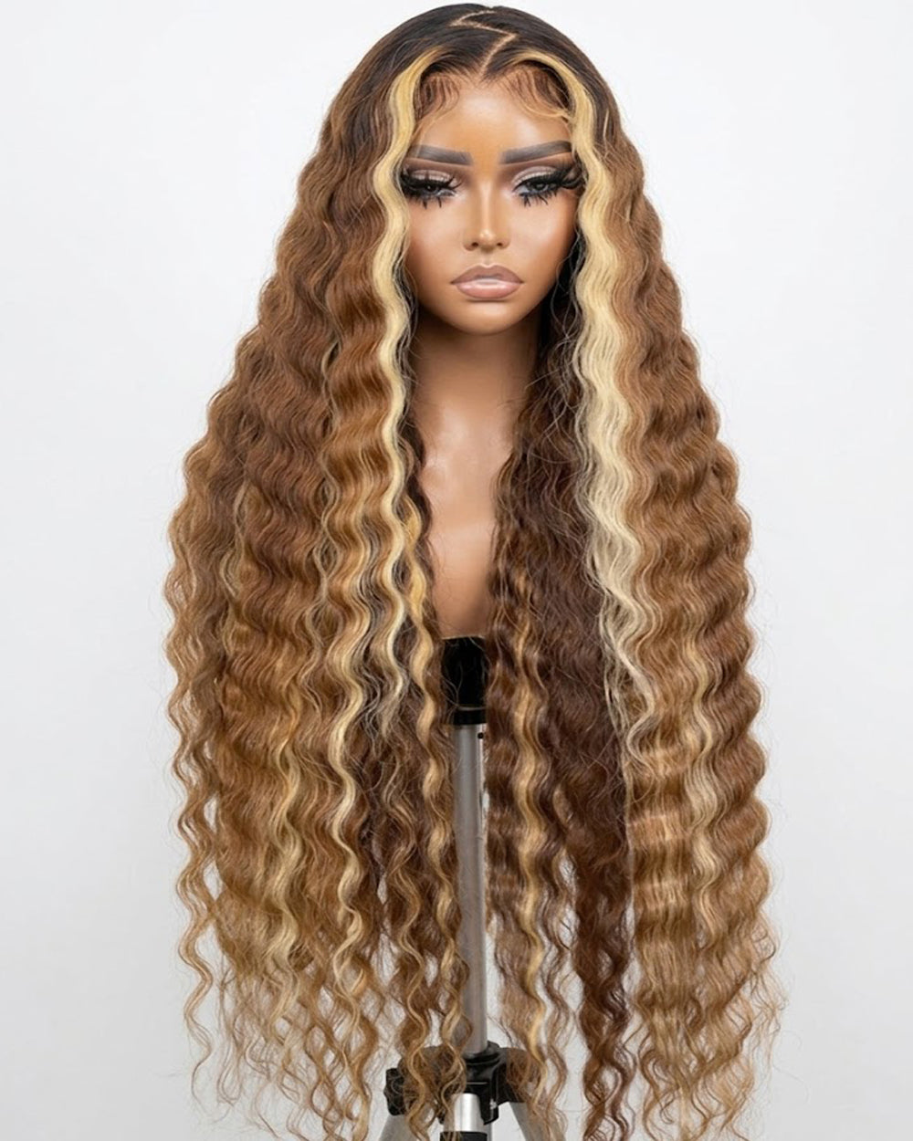 eullair Brown with Blonde Highlight Crimped Wavy Wig With Curling Iron Skunk Stripe Human Hair Lace Frontal Wig
