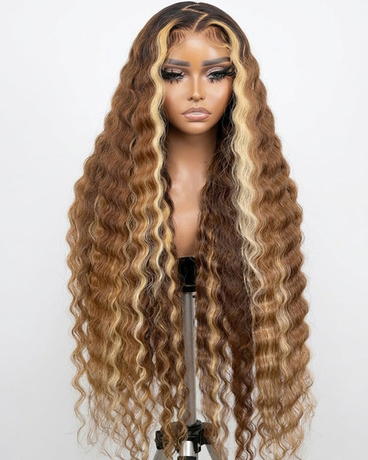 eullair Brown with Blonde Highlight Crimped Wavy Wig With Curling Iron Skunk Stripe Human Hair Lace Frontal Wig