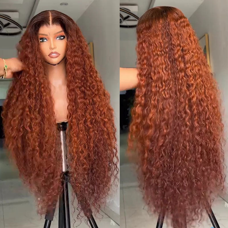 eullair Dark Ginger Kinky Curly Lace Frontal Wig with Dark Brown Roots Pre Colored Glueless Human Hair Wig Pre Plucked For Women