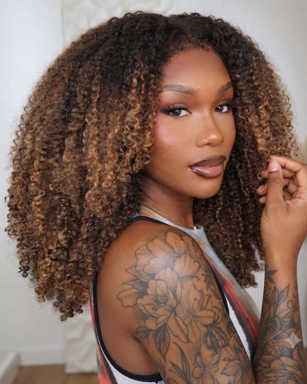 Eullair 360 Lace Wig - Ombre Brown 4C Kinky Curly Hair - Glueless Invisi-Strap Snug Fit & Pre-Plucked Natural Hairline