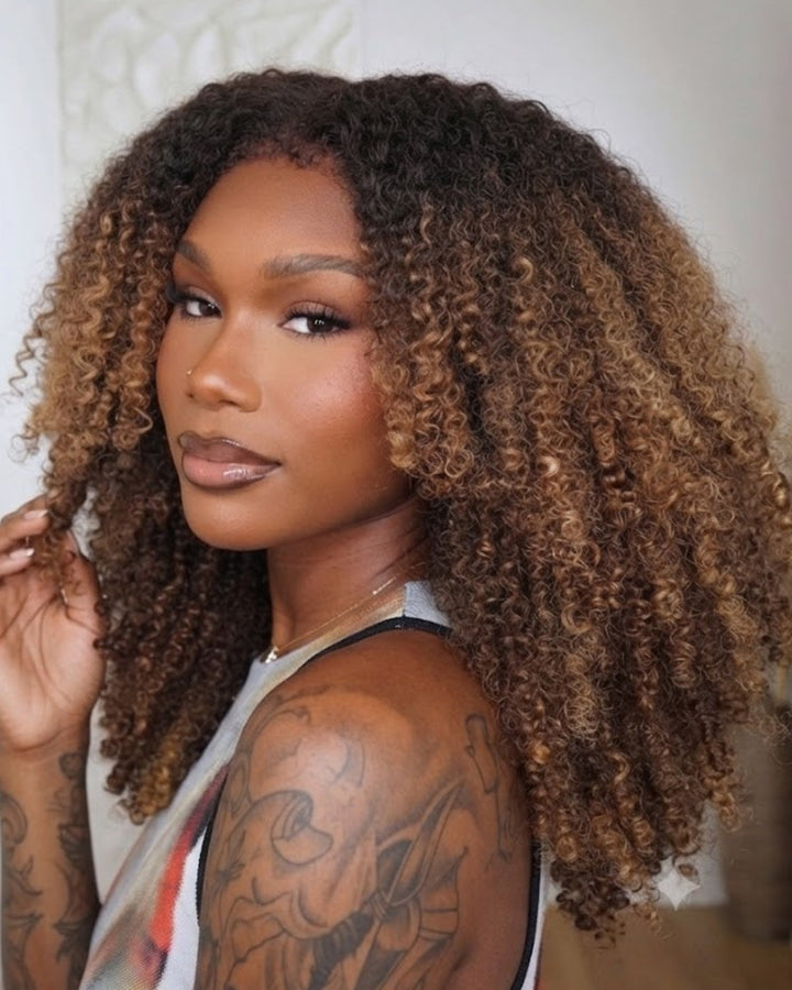 Eullair 360 Lace Wig - Ombre Brown 4C Kinky Curly Hair - Glueless Invisi-Strap Snug Fit & Pre-Plucked Natural Hairline