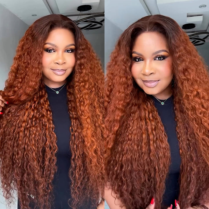 eullair Dark Ginger Kinky Curly Lace Frontal Wig with Dark Brown Roots Pre Colored Glueless Human Hair Wig Pre Plucked For Women
