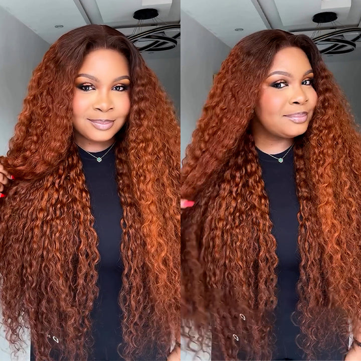 eullair Dark Ginger Kinky Curly Lace Frontal Wig with Dark Brown Roots Pre Colored Glueless Human Hair Wig Pre Plucked For Women