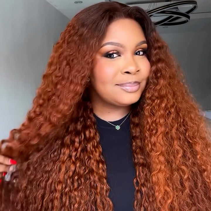eullair Dark Ginger Kinky Curly Lace Frontal Wig with Dark Brown Roots Pre Colored Glueless Human Hair Wig Pre Plucked For Women