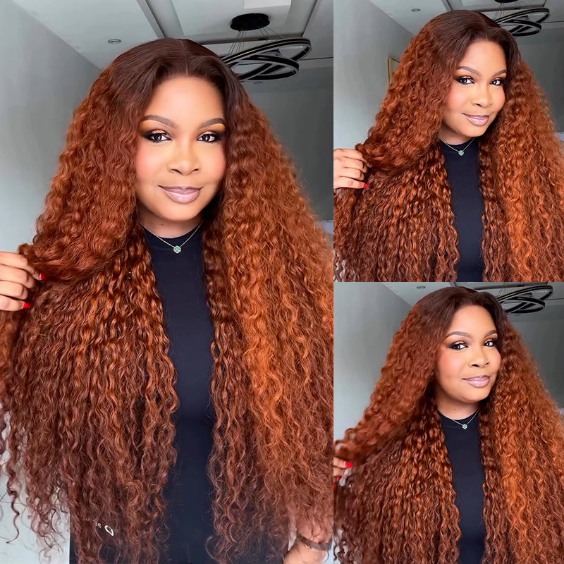 eullair Dark Ginger Kinky Curly Lace Frontal Wig with Dark Brown Roots Pre Colored Glueless Human Hair Wig Pre Plucked For Women