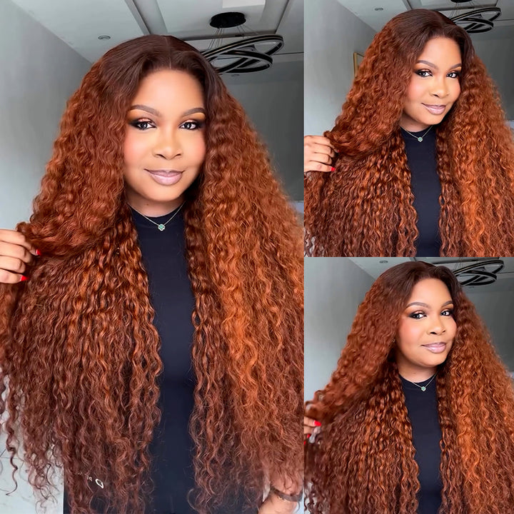 eullair Dark Ginger Kinky Curly Lace Frontal Wig with Dark Brown Roots Pre Colored Glueless Human Hair Wig Pre Plucked For Women