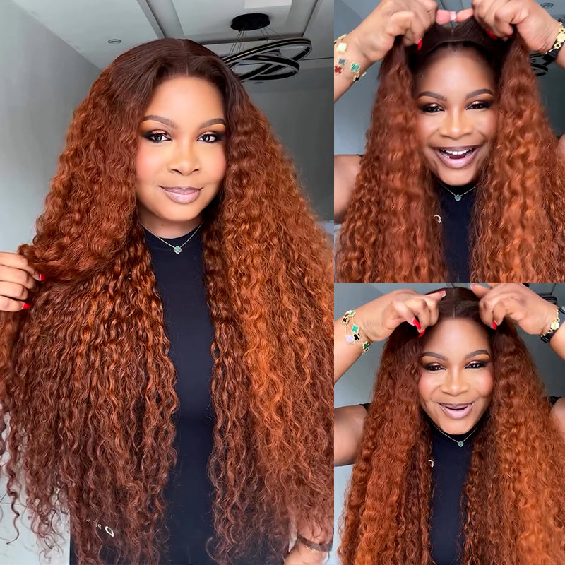 eullair Dark Ginger Kinky Curly Lace Frontal Wig with Dark Brown Roots Pre Colored Glueless Human Hair Wig Pre Plucked For Women