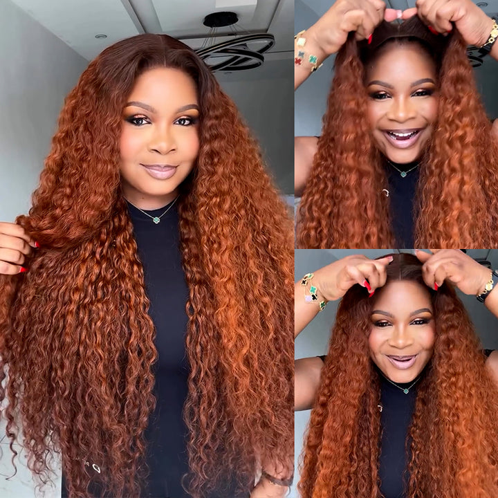 eullair Dark Ginger Kinky Curly Lace Frontal Wig with Dark Brown Roots Pre Colored Glueless Human Hair Wig Pre Plucked For Women