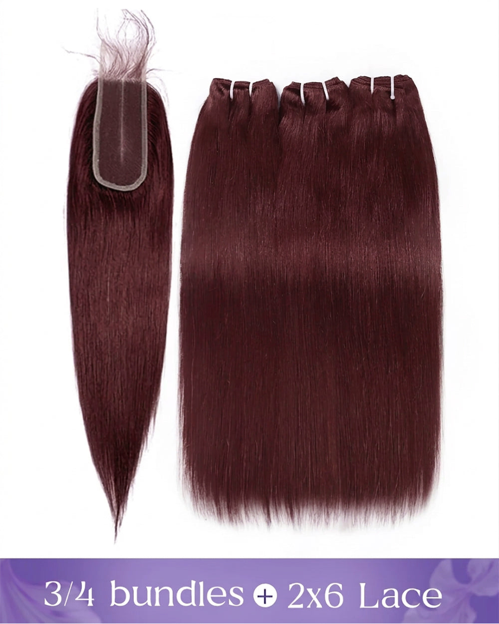 eullair 99J Burgundy Red Raw Hair Straight 3 Bundles with 2x6 Closure 100% Human Hair Bundles