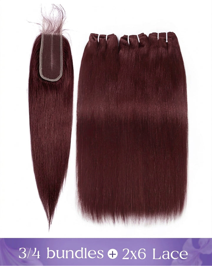 eullair 99J Burgundy Red Raw Hair Straight 3 Bundles with 2x6 Closure 100% Human Hair Bundles