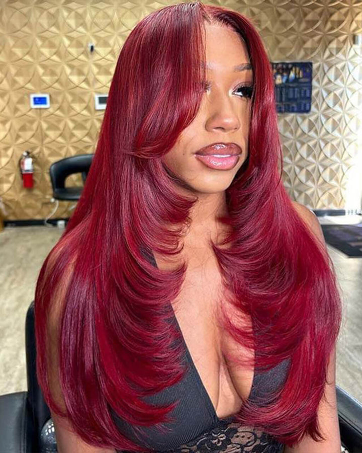 eullair Burgundy Red Straight Wig with Curtain Bangs Glueless Layered Cut Human Hair Lace Frontal Wig