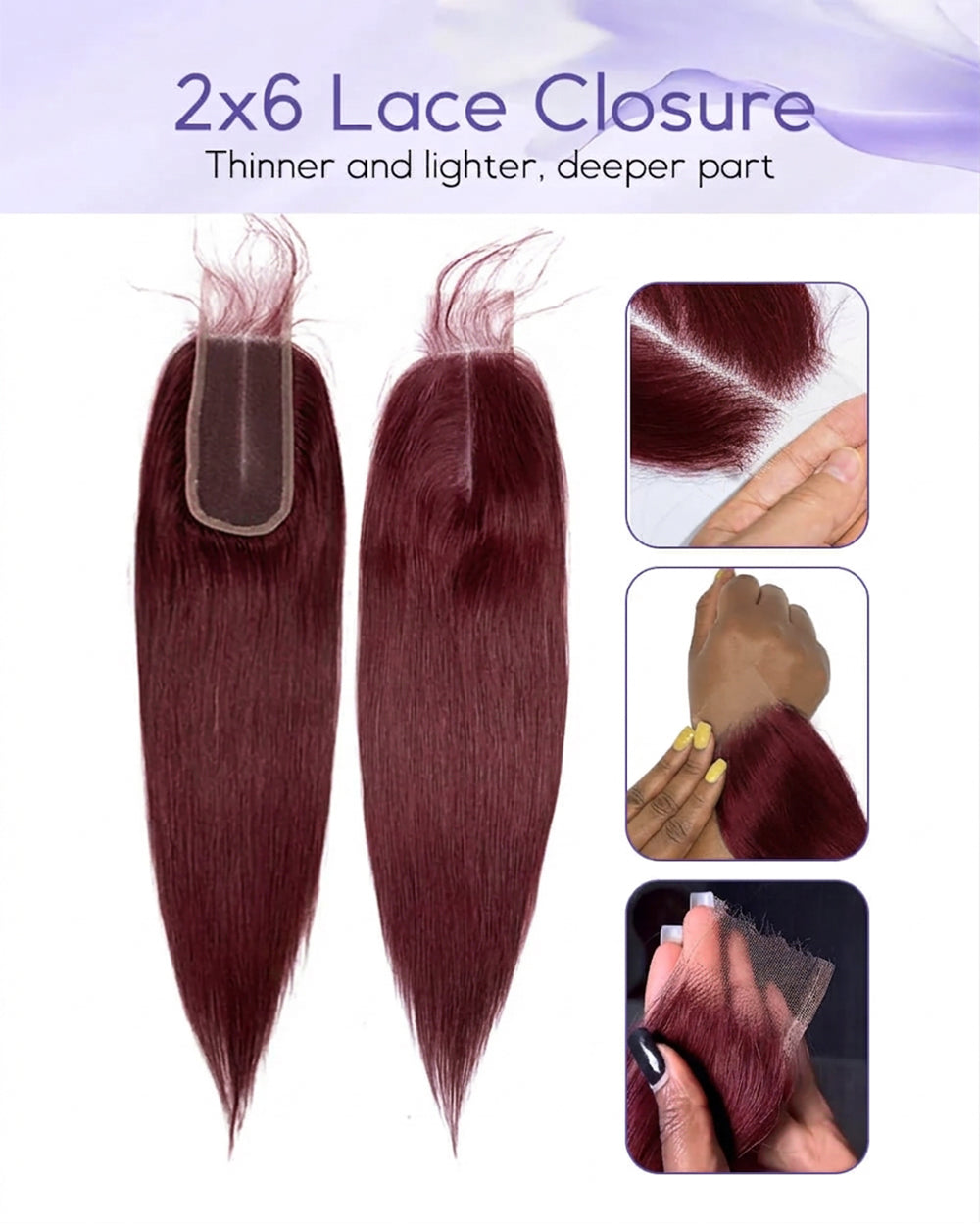 eullair 99J Burgundy Red Raw Hair Straight 3 Bundles with 2x6 Closure 100% Human Hair Bundles
