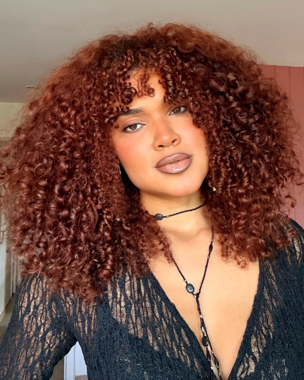 eullair Reddish Brown Burmese Curly V Part Wig 250% Density Auburn Brown Fluffy Curly No Leave Out