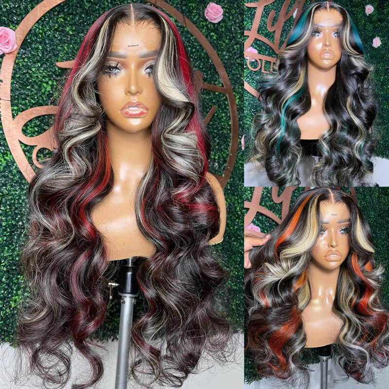 eullair Black with Red and Blonde Body Wave Wig Blue Orange Highlights 3 Colors Balayage Straight Lace Frontal Wig