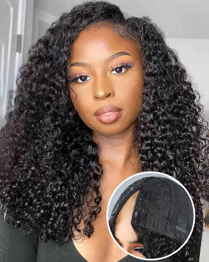 eullair No Leave Out Glueless Burmese Curly Human Hair Wig Install V Part Wig With Elastic Drawstring Beginner Friendly