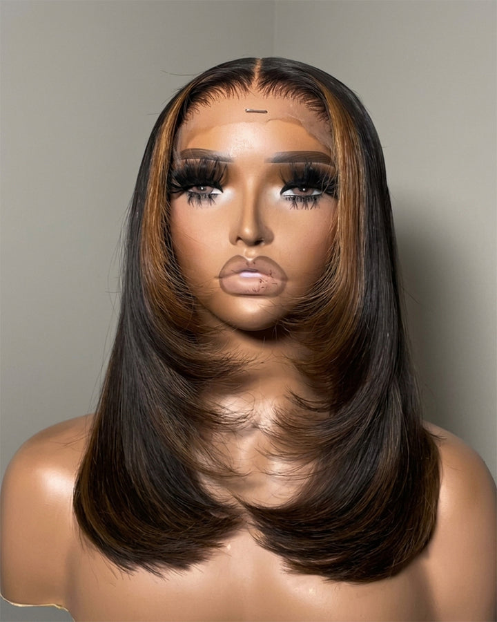 eullair Brown Highlight with Black Color 2x6 Bob Wig Soft Layered Cut Lace Frontal Glueless Wig